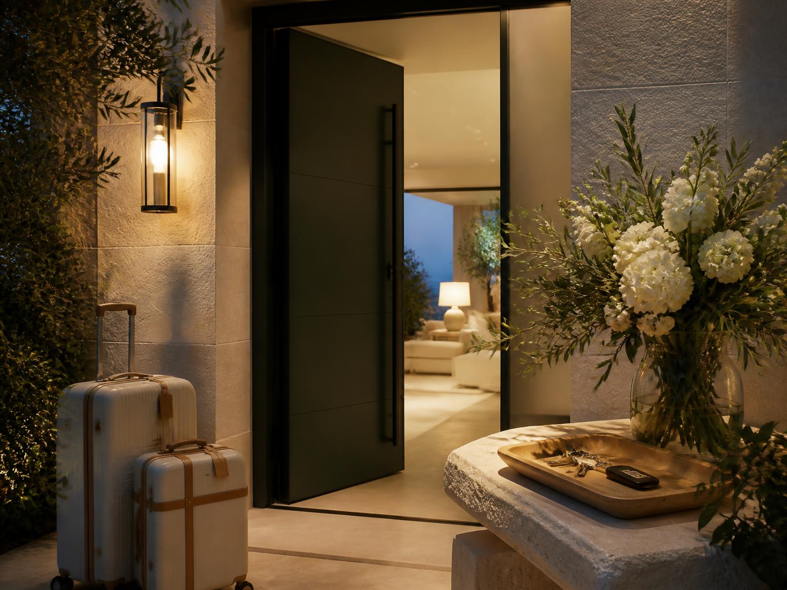 Lit villa entrance at dusk with welcome flowers and keys on a stone console — illustrative image