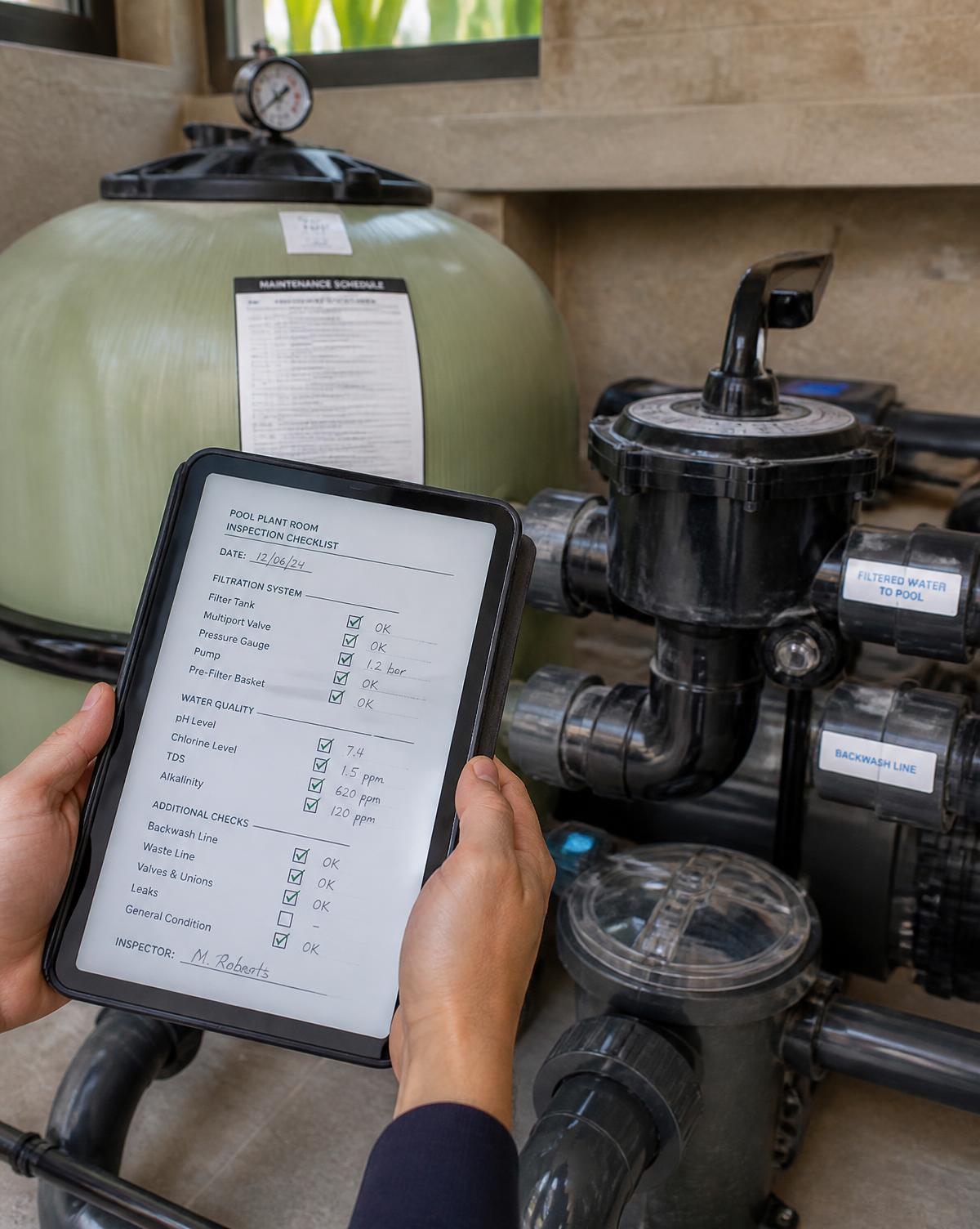 Hands holding a tablet inspection checklist at villa pool plant equipment — illustrative image